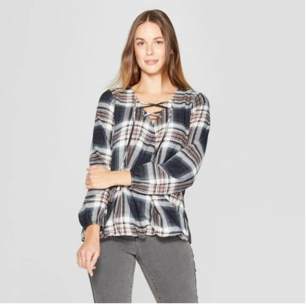 Knox Rose Long Sleeve Lace Up Boho Plaid Top Size Med